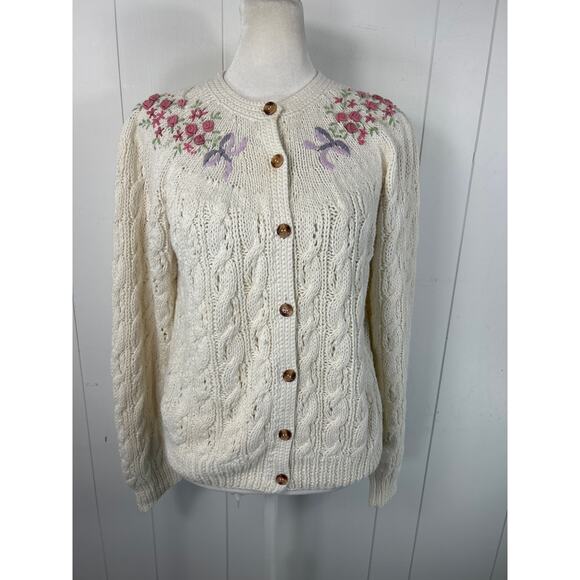 Deans of Scotland Cotton Blend Grandmacore Cardigan Sweater with floral trim. M - Picture 1 of 5